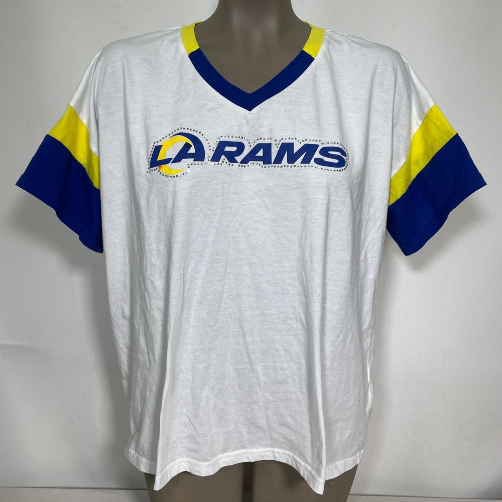 Los Angeles Rams NFL GIII 4Her Rhinestone White Blue Yellow T-Shirt Women's XL